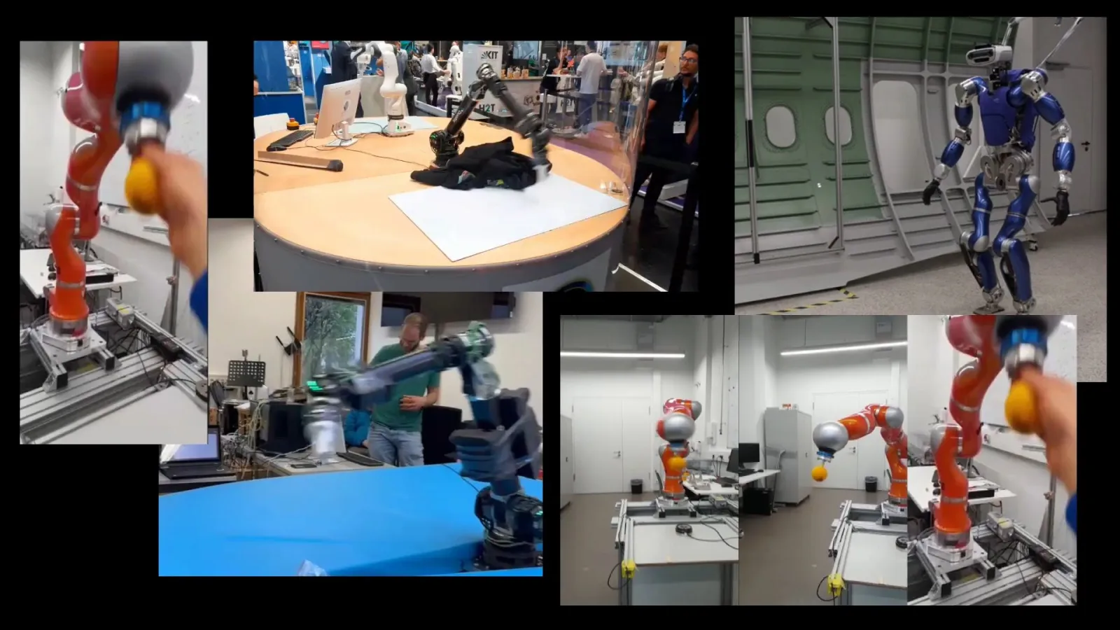Collage of GECO SafeCore applications: orange robot arms handling a ball, a robot arm folding cloth at a trade fair, a humanoid robot walking and a robot arm in a lab